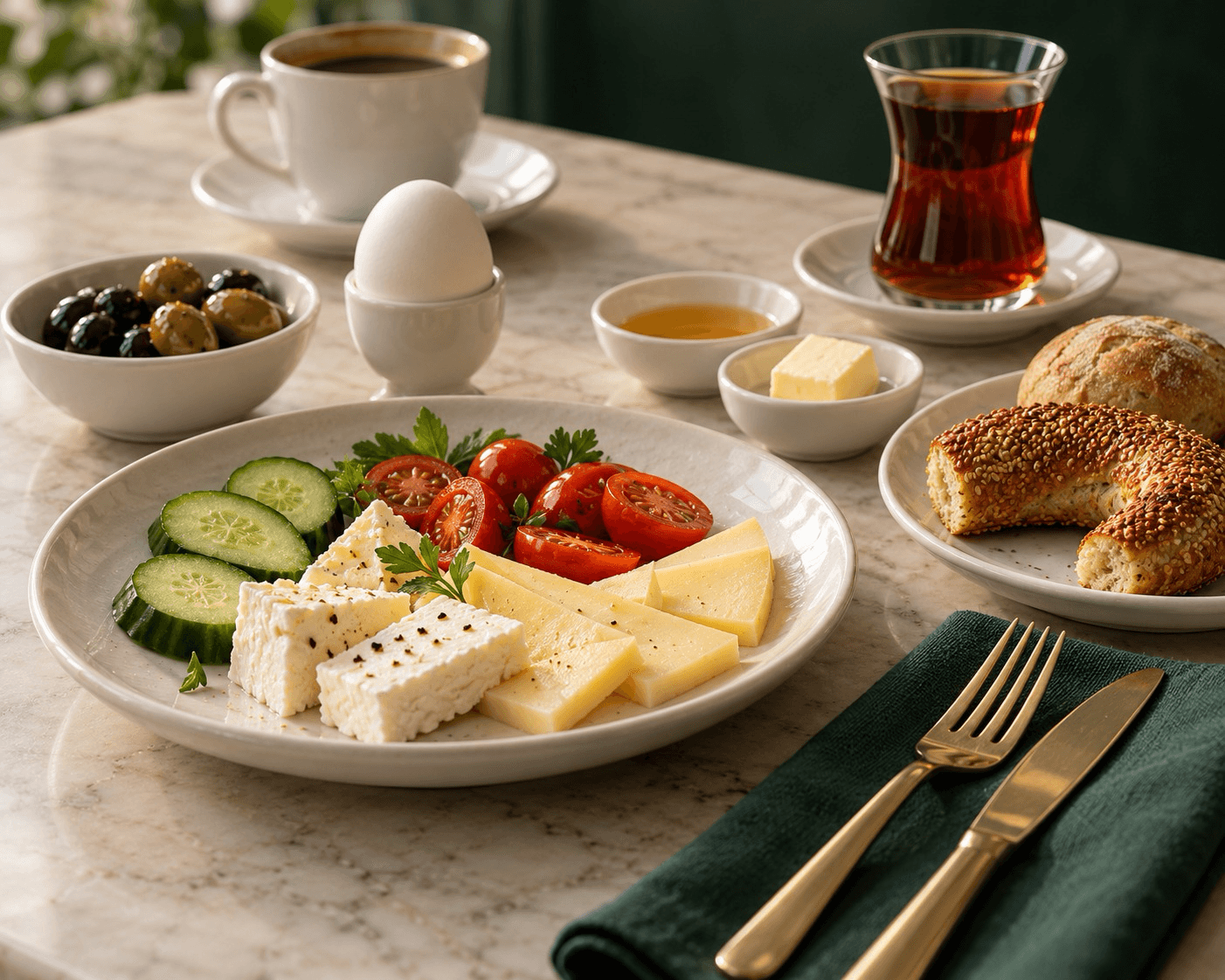 Kahvaltı sofrasında peynir, zeytin, simit ve çay